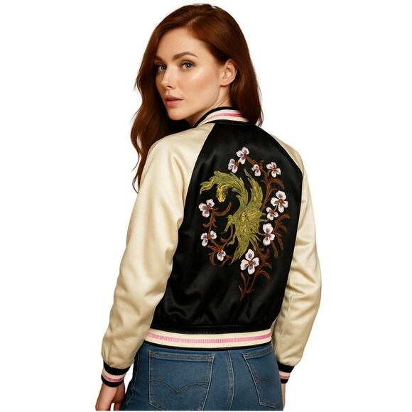 Reversible Charmeuse Embroidered Bomber Jacket Reversible Pockets Black Pink - Picture 11 of 11